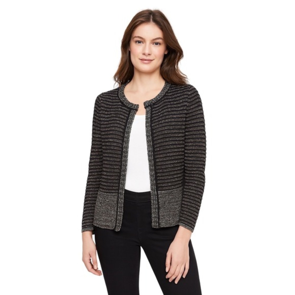 LOFT‎ Petite Striped Knit Open Front Cardigan Sweater Metallic Accents MP 91-04